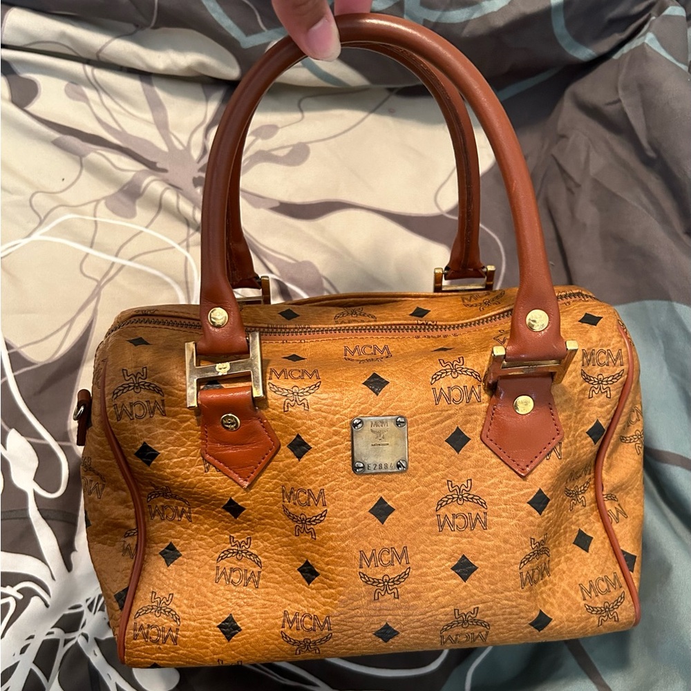 MCM Authentic Vintage Cognac Monogram Visetos Boston Bag Coated Canvas Small